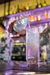man bartender making cold gin tonic cocktail in bar