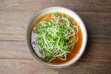 Vegetarian food, Stir fried sunflower sprouts, Thai food, Top view.