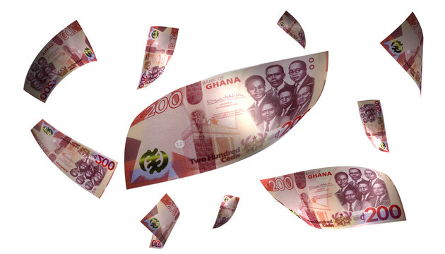 3D Render Set of Flying Ghana 200 Cedis Money Banknote
