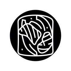 Toast with chopped avocado and salmon color line icon. Vegetarian product.