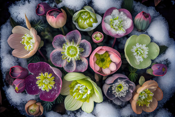 Garden with hellebores with snow. Spring season. Generative AI - obrazy, fototapety, plakaty