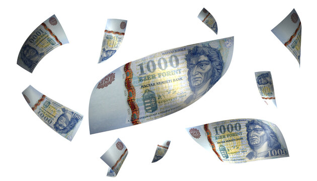 3D Render Set of Flying Hungary 1000 Forint Money Banknote
