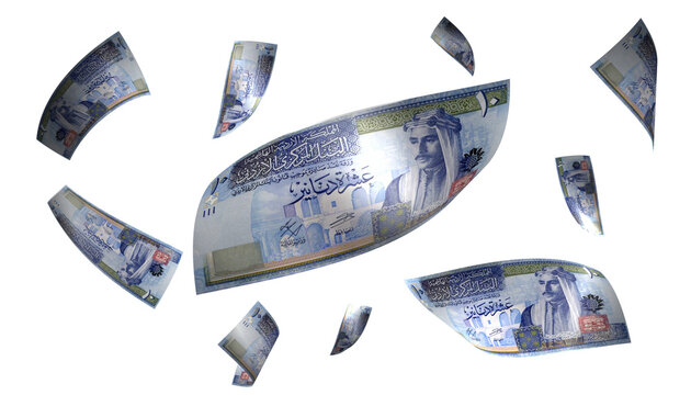 3D Render Set of Flying Jordan 10 Dinars Money Banknote