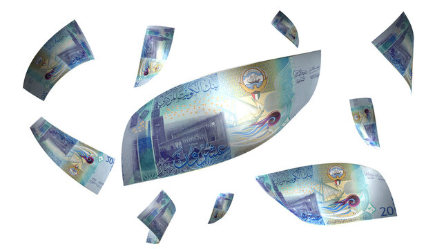 3D Render Set of Flying Kuwait 20 Dinars Money Banknote