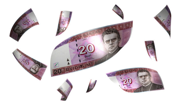 3D Render Set of Flying Lithuania 20 Litu Money Banknote