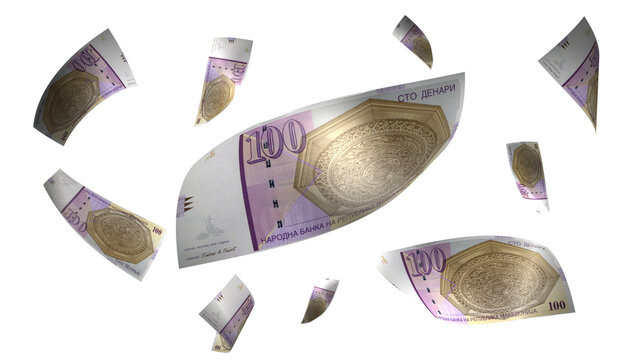 3D Render Set of Flying Macedonia 100 Denari Money Banknote