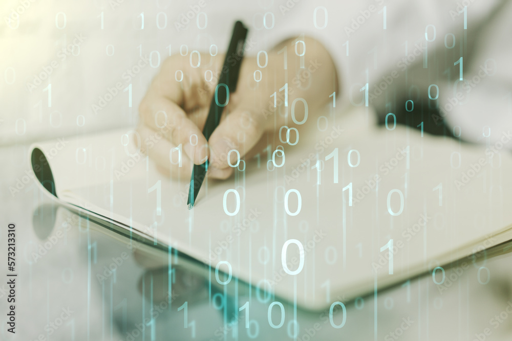 Leinwandbilder creative abstract binary code hologram and man hand writing in diary on background, ai and machine l