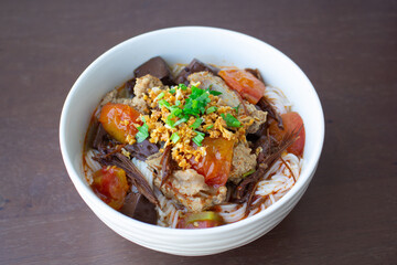 Rice vermicelli with northern Thai curry sauce, Nam ngiao, Northern Thai cuisine.