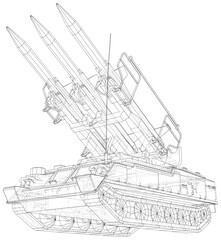 Rocket missile launcher vehicle truck ballistic weapon equipment illustration. Vector created of 3d