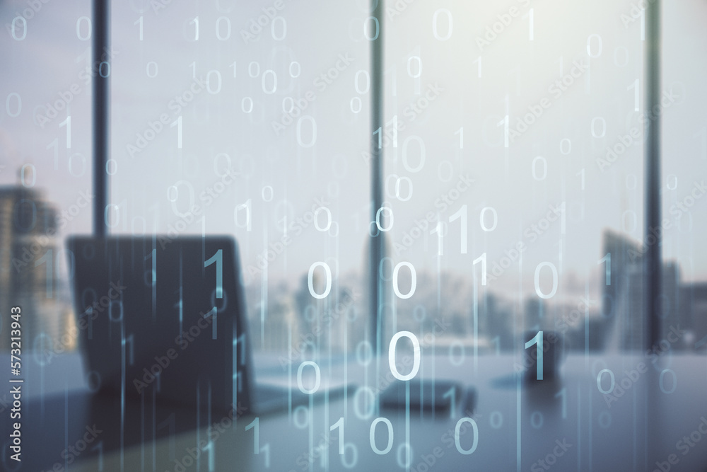 Leinwandbilder creative concept of binary code illustration and modern desktop with computer on background. big dat