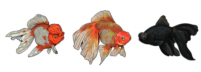 Aquarium with Veiltail, Telescope goldfish and Lionhead goldfish for coloring. Colorful fish templates. Coloring book for children and adults.	
