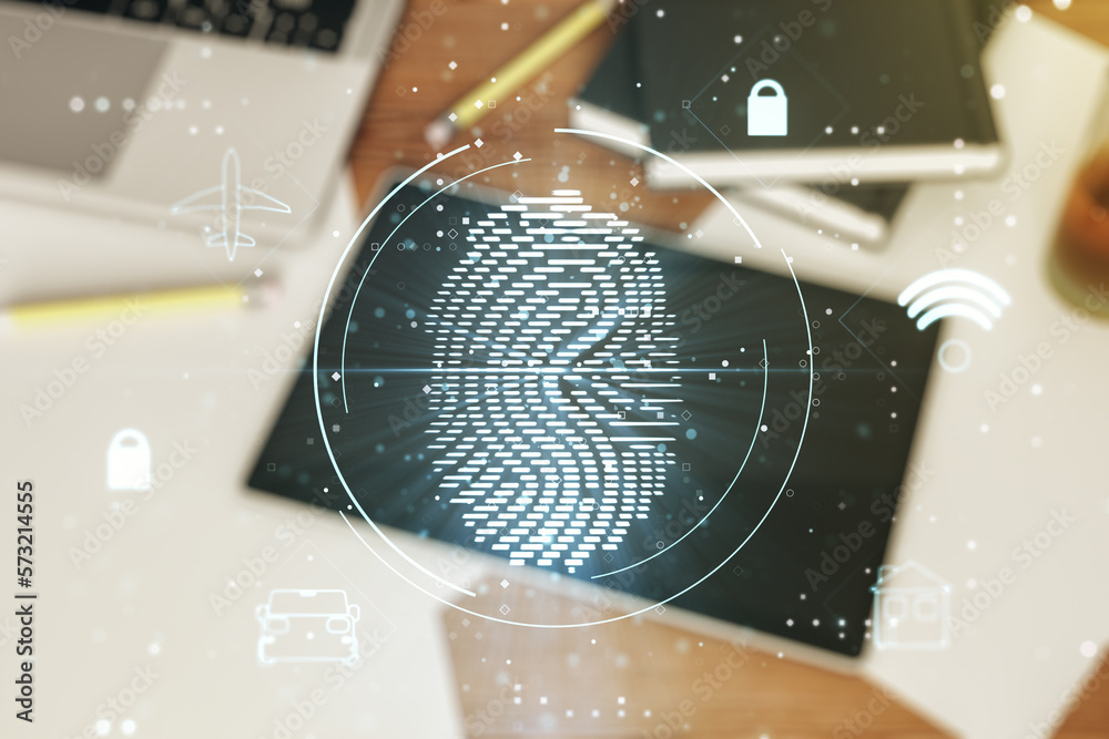 Leinwandbilder multi exposure of abstract fingerprint scan interface and modern digital tablet on background, digit