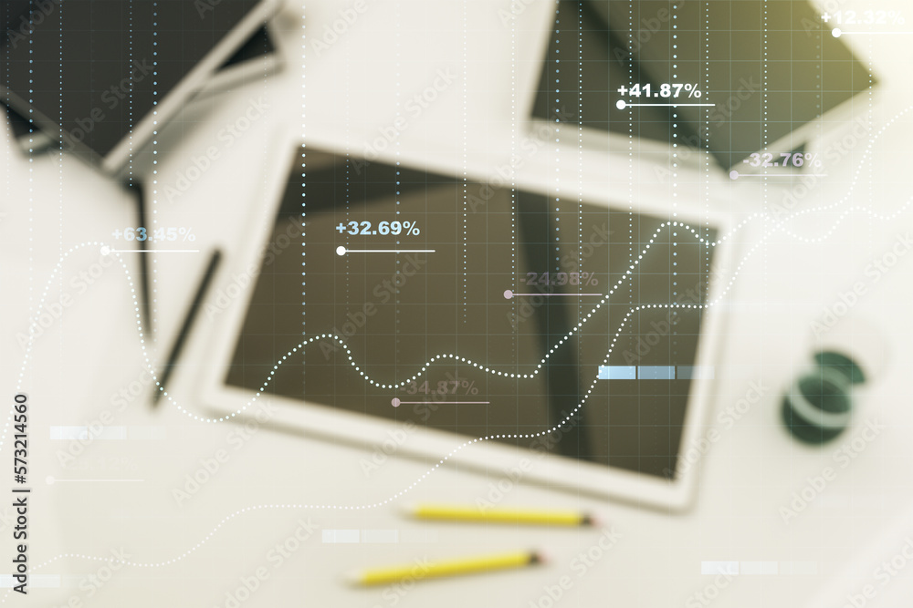 Poster Double exposure of abstract creative statistics data hologram and digital tablet on background, top view, statistics and analytics concept