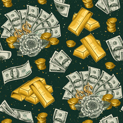 Seamless money pattern with 100 US dollar notes, dollar fan with money rose, stacks of coins, gold ingots on dark background. Concept of success, wealth, luck, win. Vintage style