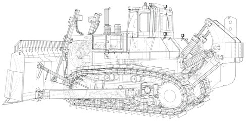 Vector Wire-frame Bulldozer. The layers of visible and invisible lines are separated. EPS10 format. Vector created of 3d - 573214541
