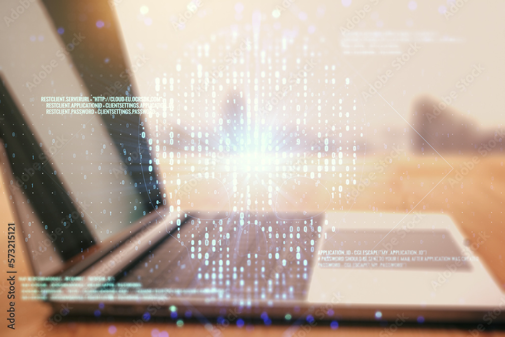 Poster creative concept of code skull illustration on modern laptop background. hacking and phishing concep
