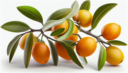 Kumquat isolated. Set of orange ripe cumquat fruit on branch with green leaves on white background