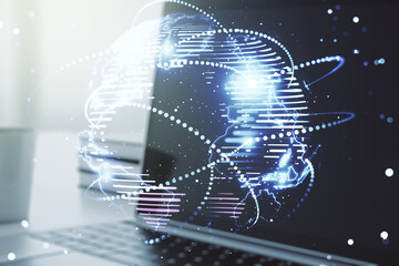 Abstract graphic digital world map with connections on modern computer background, globalization concept. Multiexposure