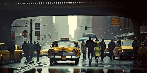 Scenes from the life of a big city. streets in the rain. new york, 1950s. ai generative