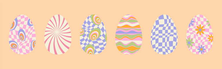 Groovy Easter eggs Twisted and distorted vector texture in trendy retro psychedelic style. Funky hippie 70s backgrounds. Y2k aesthetic. Set of easter eggs in Colorful optical illusion