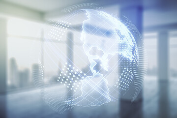 Virtual digital map of North America on empty corporate office background, international trading concept. Multiexposure