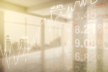 Multi exposure of virtual abstract financial graph interface on modern interior background, financial and trading concept
