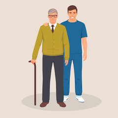 nurse with disabled old man, Volunteer, careful man caring for elderly man. Vector illustration