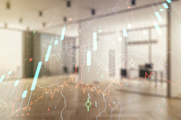 Multi exposure of virtual creative financial graph and world map on a modern furnished office background, forex and investment concept