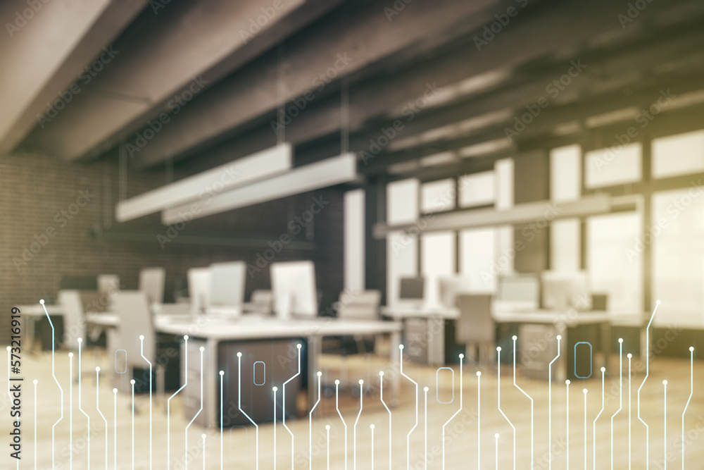 Aufkleber double exposure of abstract virtual circuit hologram on modern corporate office background. research