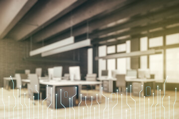 Double exposure of abstract virtual circuit hologram on modern corporate office background. Research and development hardware concept