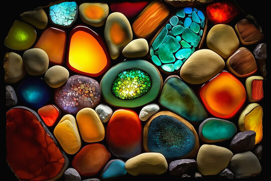 Big and beautiful brightly colored stones and pebbles, glassy river pebbles, illustration, Generative AI