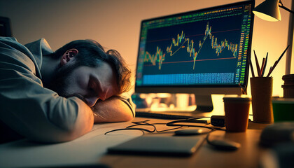 Fatigue man sleeps on his home office desk while trading, browsing online stock investments at night. Tired novice male trader sleeping near monitor with stock chart at workplace. Generative AI