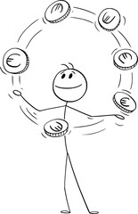 Businessman Juggling With Euro Coins , Vector Cartoon Stick Figure Illustration
