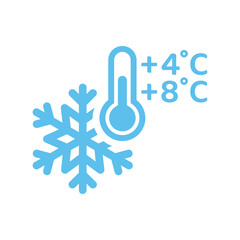 Refrigerator temperature with snowflake and thermometer icon. +4, 8 degrees above zero refrigerated symbol.
