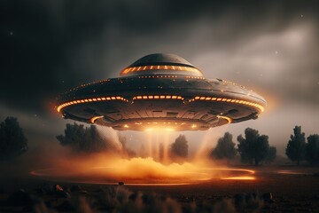 Fototapeta na wymiar UFO flies in a landscape at night. Generative AI.