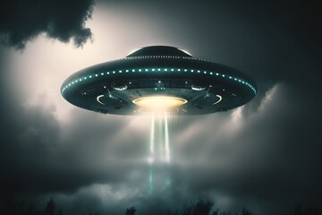 Naklejka na ściany i meble UFO flies in a landscape at night. Generative AI.
