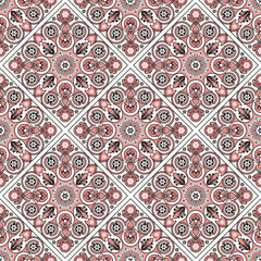 Seamless geometric pattern. Abstract, square, blanket, tile, plaid. Isolated flowers. Vintage background fabric. Wallpaper baroque. Drawing, engraving, sketch. Vector decorative illustration.