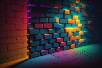 brick wall with neon illumination. futuristic, abstract background. purple, pink, colorful texture. ai generative