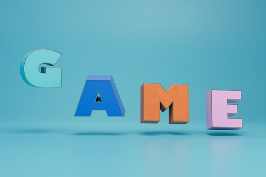 The inscription game consists of large multi-colored letters on a blue background. 3D render