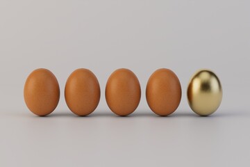 Golden egg with other eggs isolated on white background. 3d render