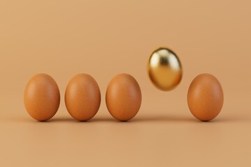Golden egg with other eggs isolated on pastel background. 3d render