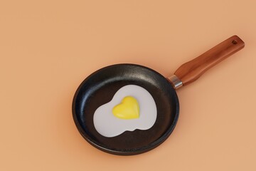 preparation of a quick breakfast. scrambled eggs with a heart yolk in a frying pan on a pastel background. 3D render