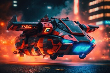 Fototapeta premium Future of Aerial Firefighting vehicle, Air Firefighter Unit, transportation in futuristic city, UAM urban air mobility, Autonomus Aerial Vehicle AAV. Generative AI.