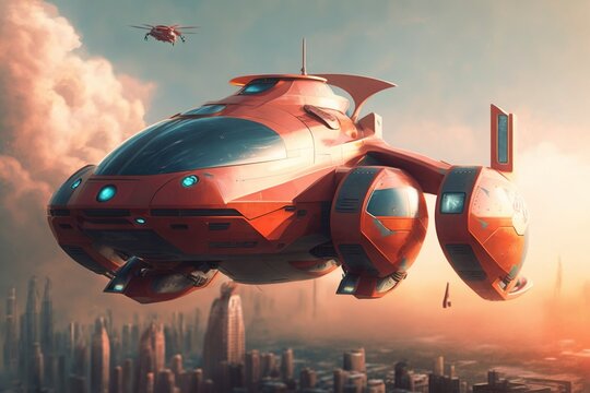 Future of Aerial Firefighting vehicle, Air Firefighter Unit, transportation in futuristic city, UAM urban air mobility, Autonomus Aerial Vehicle AAV. Generative AI.
