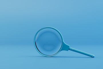 a magnifying glass on a blue background. copy paste, copy space. 3D render
