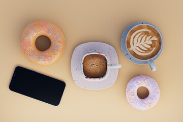a cup of coffee and a donut next to the smartphone on a pastel background. 3D render