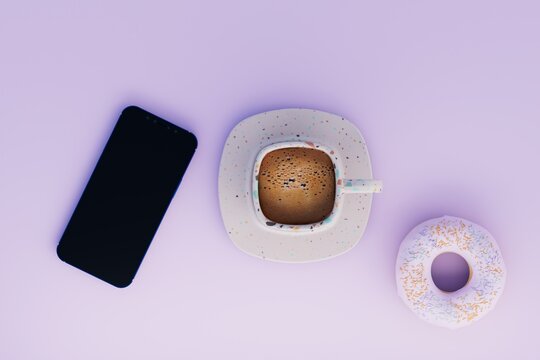 a cup of coffee and a donut next to the smartphone on a white background. 3D render