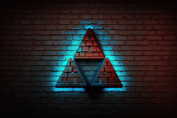 brick wall with triangula neon illumination. futuristic, abstract background. triangle. ai generative