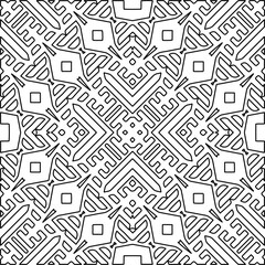  Monochrome ornamental texture with smooth linear shapes, zigzag lines, lace pattern.Abstract geometric black and white mandala for web page, textures, card, poster, fabric, textile.