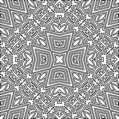  Monochrome ornamental texture with smooth linear shapes, zigzag lines, lace pattern.Abstract geometric black and white mandala for web page, textures, card, poster, fabric, textile.